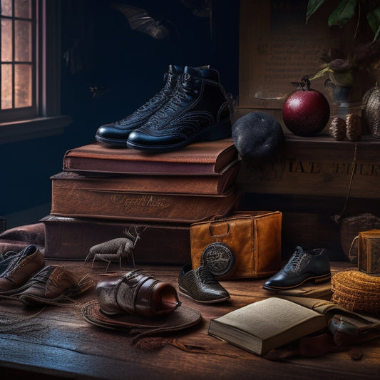 A dark background with a subtle web pattern, featuring a large, menacing brown recluse spider in the center, surrounded by scattered shoes, books, and other household items, with a few strategically placed sticky traps.