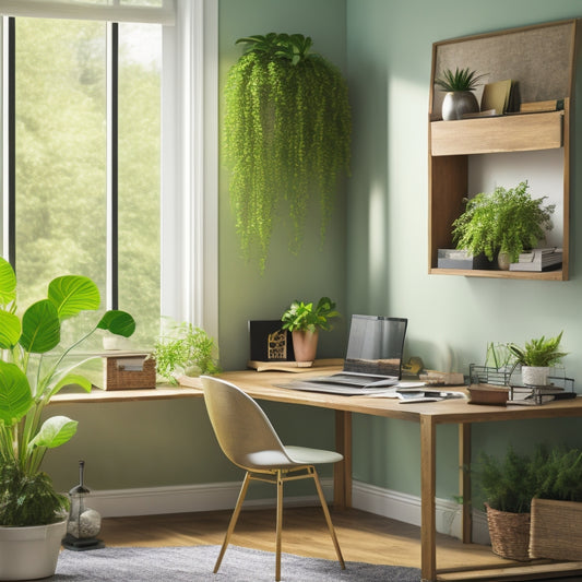 A clutter-free home office with a sleek, minimalist desk, organized files on a shelf, and a bulletin board with colorful notes and a clock, surrounded by lush green plants and natural light.