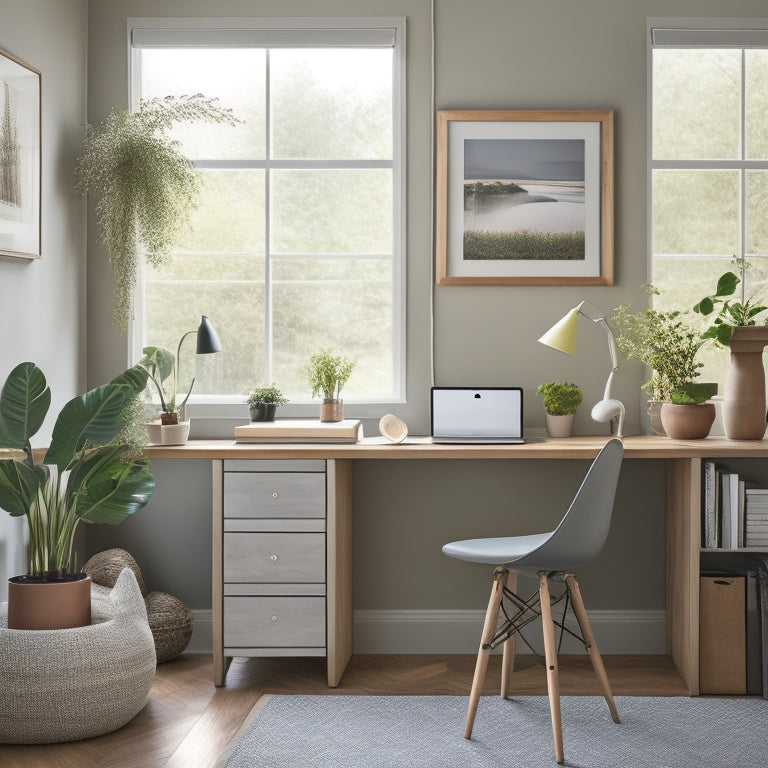 A serene, organized home office with a minimalist desk, a few tasteful plants, and a professional organizer's toolbox in the corner, surrounded by calm, muted colors and soft natural light.
