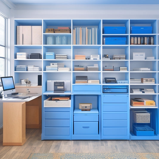 A neatly organized office with a large, wall-mounted, multi-tiered shelving unit storing rolled-up blueprints, with a few compartments containing neatly labeled file folders and a small, sleek, digital scanner nearby.