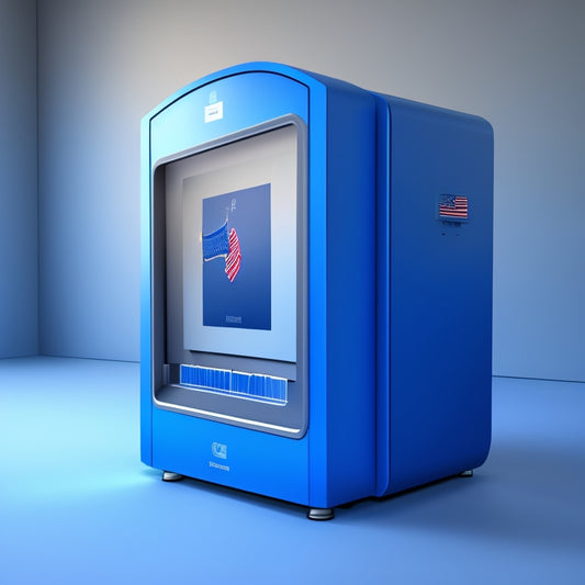 An illustration of a futuristic, sleek, and silver ballot scanning machine with a glowing blue screen and a secure, tamper-evident door, surrounded by subtle hints of American flags and voting booths.