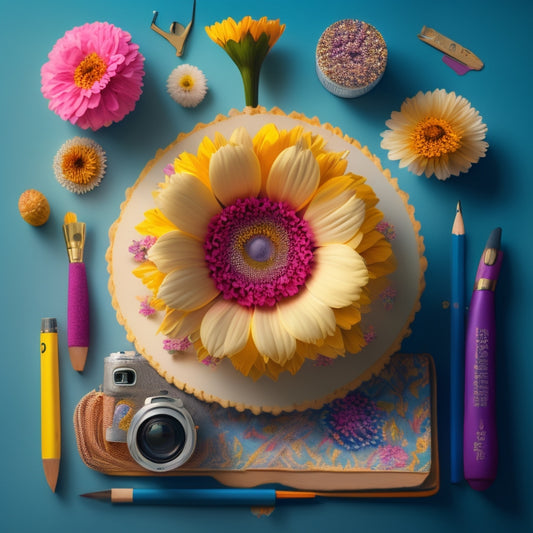 A whimsical illustration of a blooming flower with pencils, paintbrushes, and musical notes sprouting from its center, surrounded by tiny books, cameras, and other creative tools.
