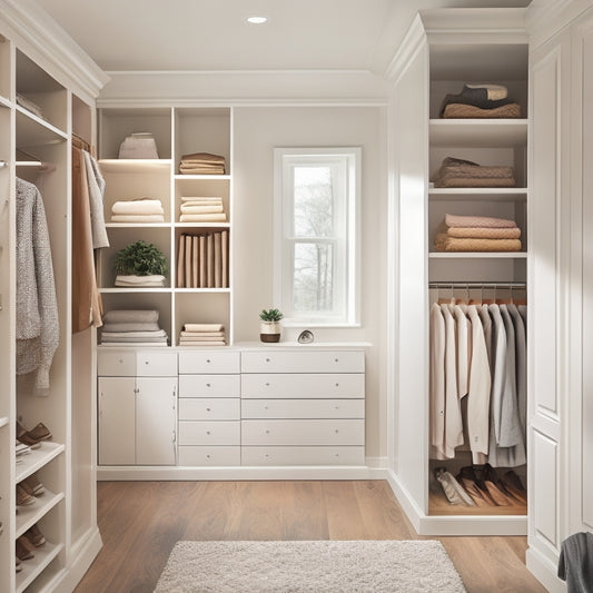 A serene, well-lit closet interior with creamy white walls, rich wood floors, and a custom organizer system featuring soft-close drawers, shelves, and double rods, surrounded by neatly hung clothes and accessories.
