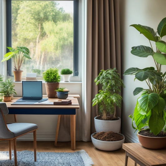 A serene, decluttered living room with a laptop open on a minimalist desk, surrounded by a few, carefully placed, potted plants and a calm, natural light filtering through the window.