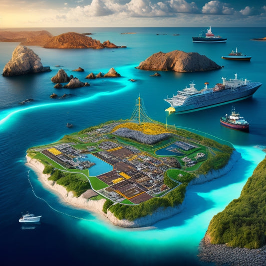 An illustration of a digital map displaying a coastal area with a simulated oil spill, surrounded by various icons representing response vessels, containment booms, and cleanup equipment, set against a calm ocean background.