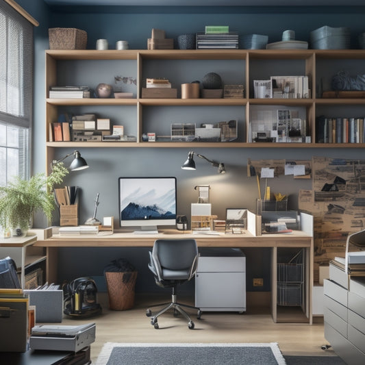 A cluttered home office with scattered papers, pens, and laptops, contrasted with a tidy, organized space featuring a sleek desk, ergonomic chair, and wall-mounted shelves with neatly labeled storage bins.