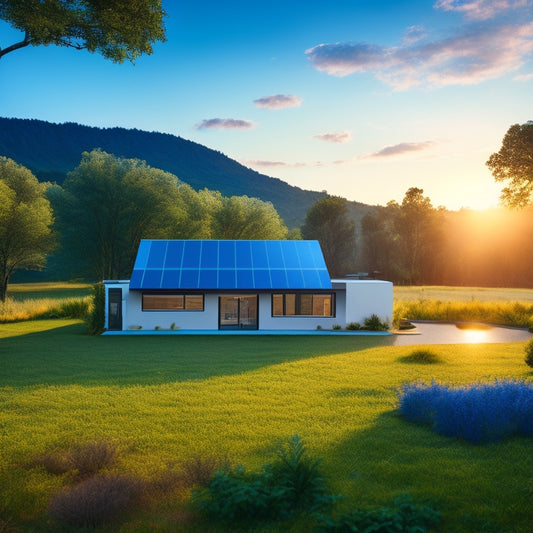 A serene landscape with a modern, sleek home in the background, solar panels on the roof, and a subtle, glowing blue energy storage unit in the foreground, surrounded by lush greenery.