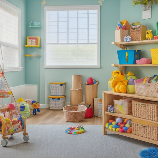 A colorful, clutter-free playroom with a wooden storage bench, woven baskets, and a pegboard with hanging bins, showcasing a variety of neatly organized toys and play materials.