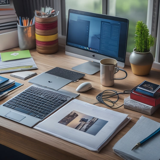 A calm, organized desk with a few neatly labeled folders, a tidy laptop, and a single, perfectly placed paperclip, surrounded by a subtle, blurred background of previously cluttered digital files and cords.