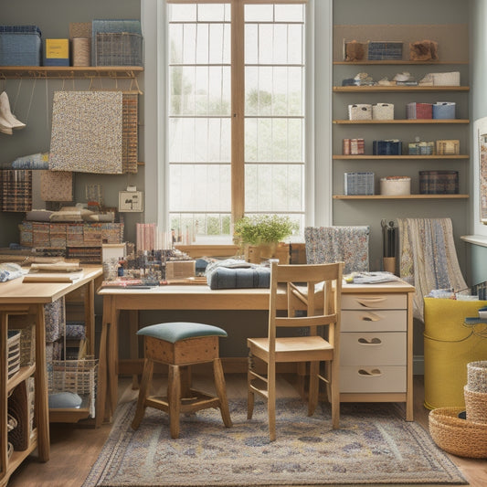 A tidy, well-organized sewing room with a large, wooden quilting table at its center, surrounded by neatly labeled fabric baskets, thread spools, and a corkboard with pinned notes and color swatches.