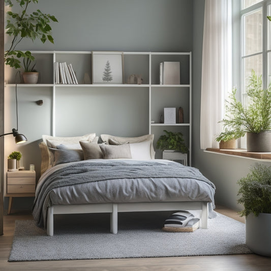 A serene, clutter-free small bedroom with a plush bed, built-in shelves, and a storage ottoman, surrounded by calming greenery, with soft, warm lighting and a minimalist, monochromatic color scheme.