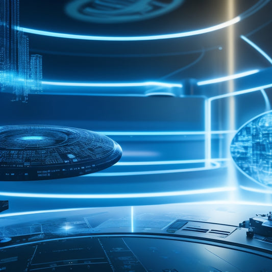 A futuristic, high-tech background with a prominent, gleaming Microsoft logo at its center, surrounded by orbiting, glowing exam icons and swirling, curved lines resembling digital circuits.