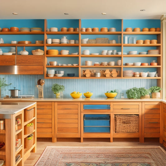 A bright, modern kitchen with sleek, floor-to-ceiling custom shelving units in a warm wood tone, featuring pull-out drawers, spice racks, and ample space for cookbooks and decorative items.