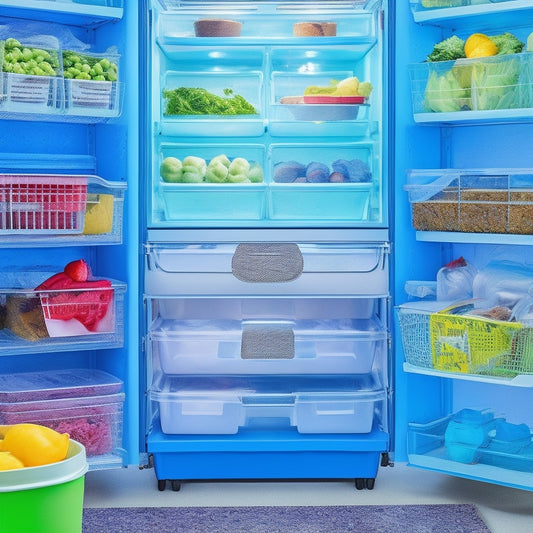 A colorful, clutter-free freezer interior with Freezermax bins, baskets, and dividers, showcasing neatly organized frozen meals, fruits, vegetables, and leftovers, with a few frozen treats and ice packs visible.