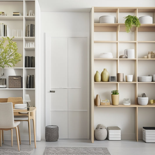 A modern, organized home interior with a sleek, minimalist aesthetic, featuring a wall-mounted shelving unit with neatly stacked storage bins, and a slide-out drawer with labeled compartments.