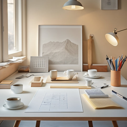 A serene, minimalist workspace with a drafting table, a cup of steaming coffee, and a scattered array of Alvin drafting templates, pencils, and rolled-up blueprints, set against a soft, creamy background.