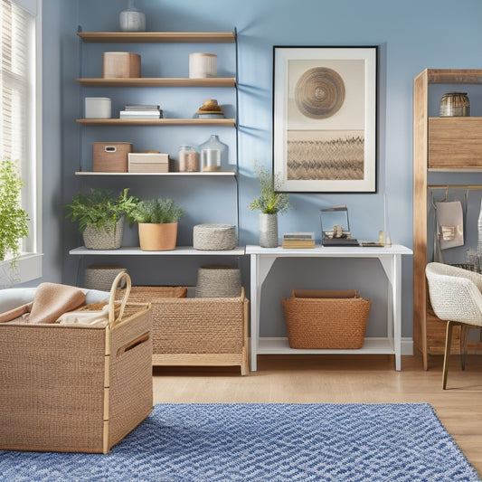 A serene, organized living room with a sleek, minimalist shelving unit, baskets, and woven bins, alongside a tidy desk with a few, carefully-placed decorative items, and a peek into a clutter-free closet.