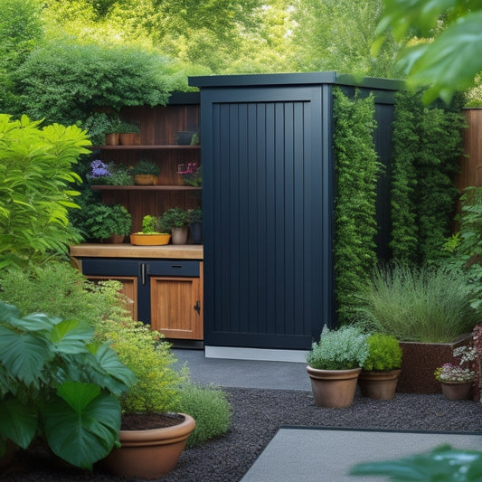 A serene backyard with a tidy patio, featuring a wooden storage bench, a vertical garden with hidden shelves, and a sleek metal shed with sliding doors, surrounded by lush greenery.