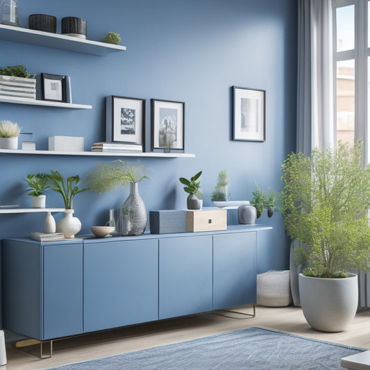A bright, modern, compact living room with sleek, wall-mounted shelves and cabinets in a calming blue-gray tone, showcasing a minimalist desk, a potted plant, and a few decorative objects.