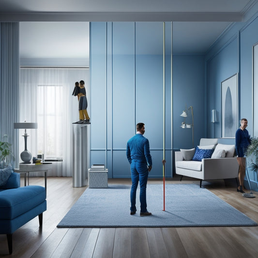 An illustration of a person standing in a minimalist living room with a giant ruler or measuring tape stretched from floor to ceiling, surrounded by furniture templates and blueprints.