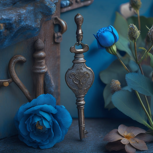 A delicate, antique key lies stuck in a partially open, rusted lock, surrounded by decaying flowers and tangled vines, set against a muted, gradient background of twilight blues and grays.