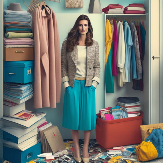 A serene, minimalist illustration of a woman standing in front of a cluttered closet, with clothes and accessories tangled around her, surrounded by scattered fashion magazines and torn-out pages.