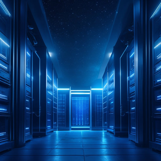 A futuristic, high-tech storage facility with sleek, silver containers and neon-lit aisles, surrounded by holographic projections and robotic assistants, set against a dark blue, starry night sky.