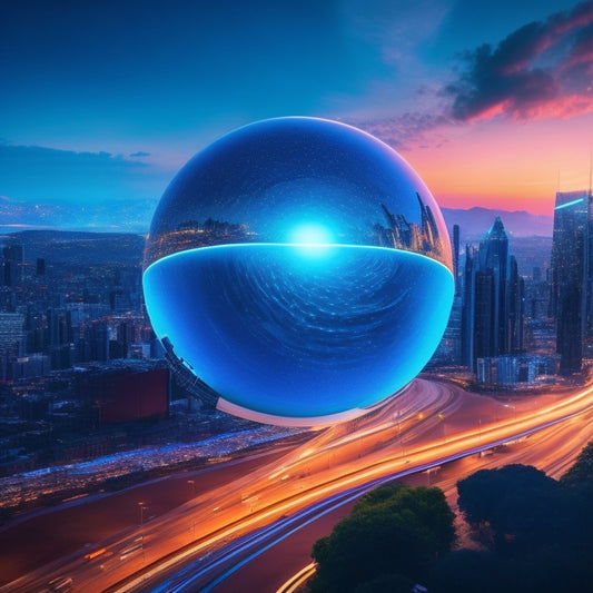 A futuristic, neon-lit cityscape at dusk, with sleek skyscrapers and bustling streets, featuring a massive, glowing orb in the center, radiating vibrant blue energy waves and pulses.