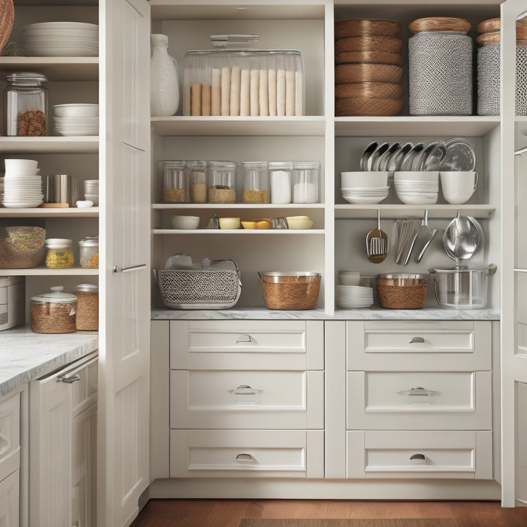 A tidy kitchen cabinet with stacks of matching white plates, a utensil organizer with neatly arranged spoons and spatulas, and a pull-out drawer filled with labeled spice jars.