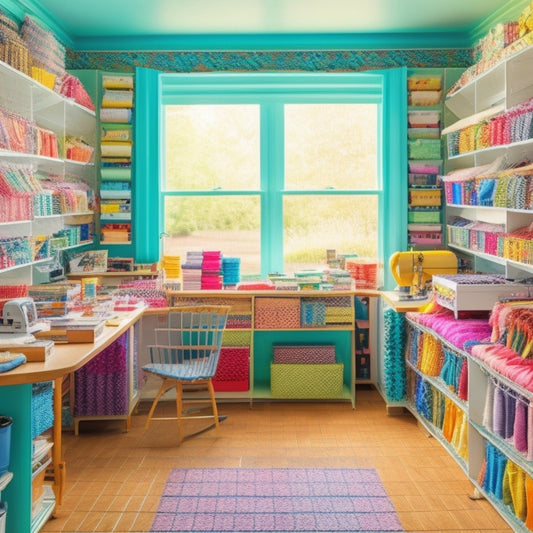 A colorful, clutter-free craft room with rows of transparent bins, each filled with neatly folded fat quarters in assorted patterns and colors, surrounded by sewing machines and scattered threads.