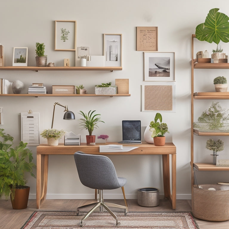 A tidy home office with a wooden desk, a minimalist chair, and a few organized shelves, featuring a corkboard with colorful pushpins, a small potted plant, and a wire organizer with labeled folders.