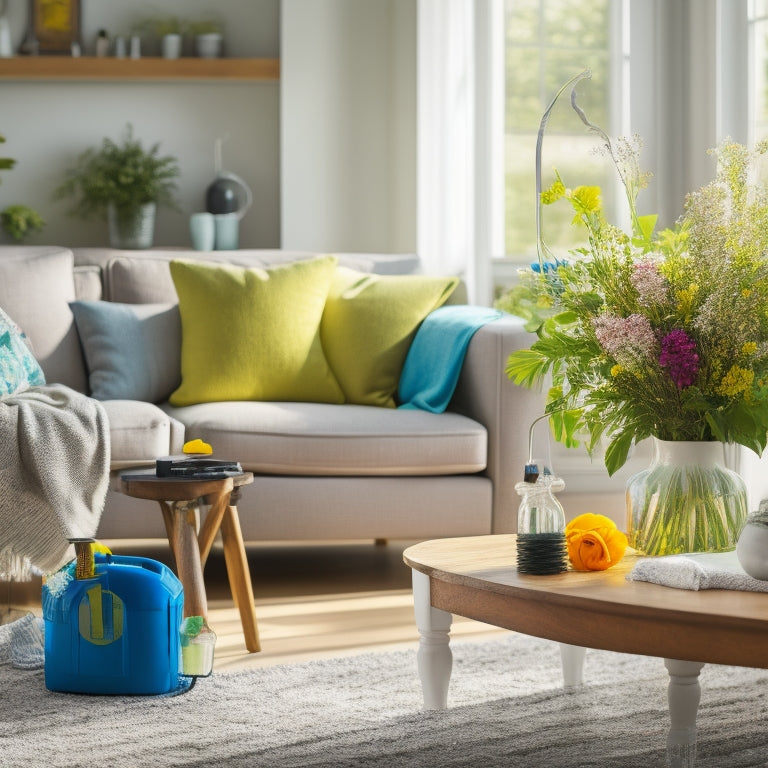 A bright, airy living room with a mix of decluttered and cluttered areas, a vacuum cleaner and cleaning supplies in the foreground, and a few blooming flowers or a vase with greenery on a nearby table.