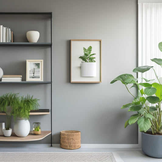 A minimalist, modern living room with a NiHome Acrylic Wall Mount Organizer installed, holding a few books, a small potted plant, and a decorative vase, against a light gray wall.