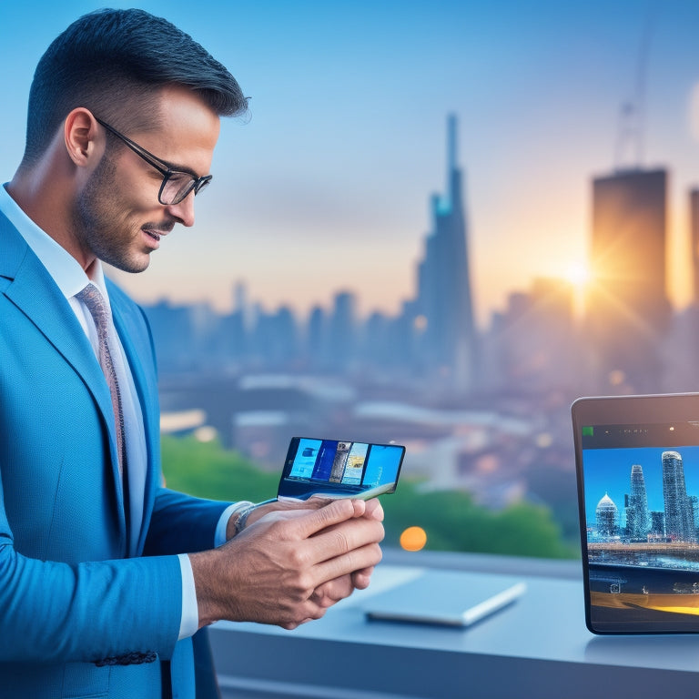 A colorful illustration of a salesperson holding a tablet, displaying a customized product datasheet, surrounded by various product samples and a cityscape in the background, with rising sales graphs.