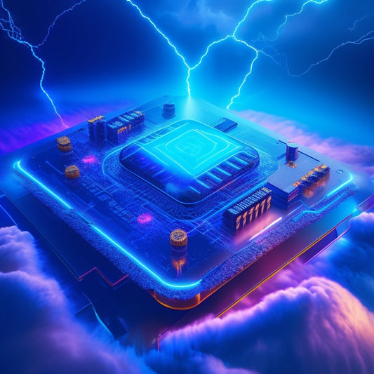 A futuristic, high-tech illustration featuring a 3D microchip with glowing blue circuits, surrounded by swirling clouds of 1s and 0s, with a stylized flash of lightning in the background.