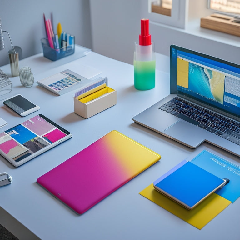 A bright, minimalist desk with a laptop, a tablet, and a smartphone, each displaying a different digital tool interface, surrounded by tidy, color-coded files and a few carefully placed office supplies.