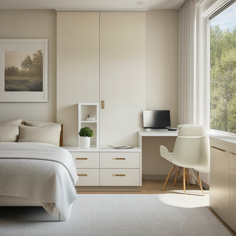 A serene, minimalist bedroom with a murphy bed, sleek nightstand, and compact desk, surrounded by soft, creamy walls and a large window with flowing white curtains.