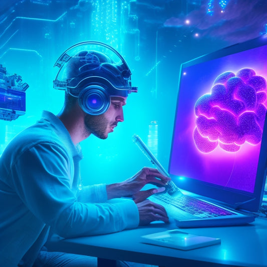 A futuristic, neon-lit background with a large, glowing brain at its center, surrounded by swirling clouds of code and gears, with robotic arms extending from it, holding tablets and laptops.