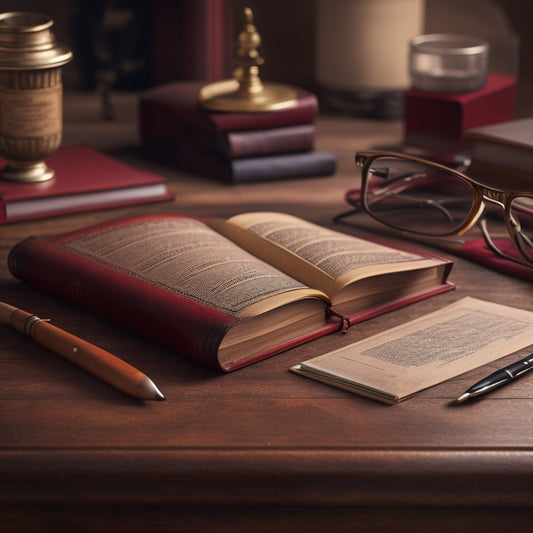 A worn, wooden desk with a red leather-bound book lying open, surrounded by scattered papers, a quill pen, and a pair of reading glasses, set against a warm, beige background.