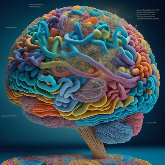 An illustration of a person's brain with colorful, swirling ideas and a jumbled mess of threads and strings, transforming into a tidy, organized web with interconnected circles and arrows.