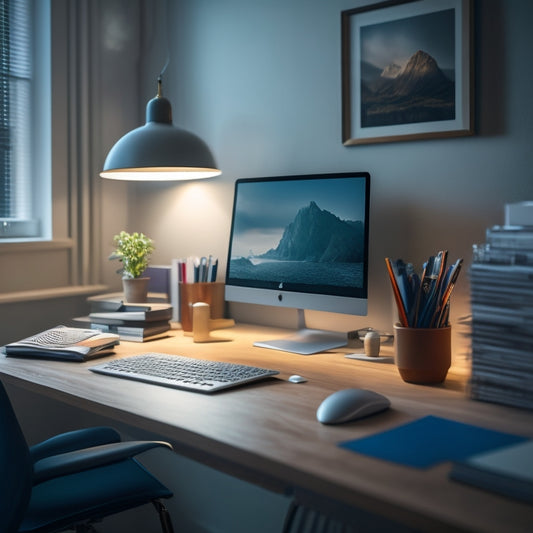 A serene, minimalist desk with a laptop and a few organized files, surrounded by blurred, chaotic clutter in the background, with a faint, calming light shining through.