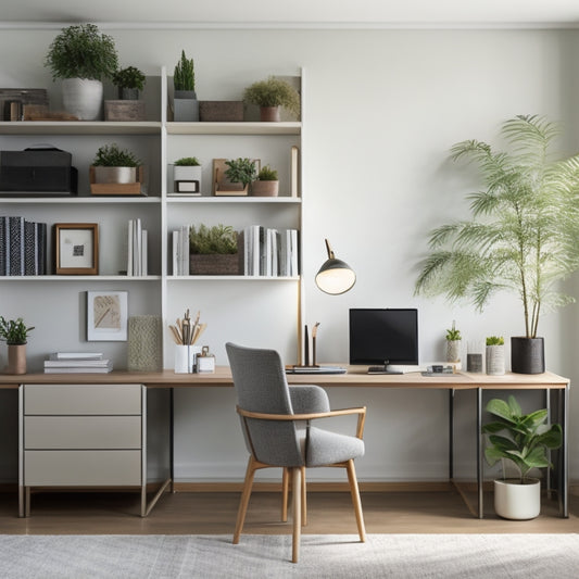 A serene, well-lit, minimalist home office with a custom-built shelving unit, containing neatly labeled storage bins, a few decorative plants, and a sleek, modern desk with a single, leather-bound notebook.