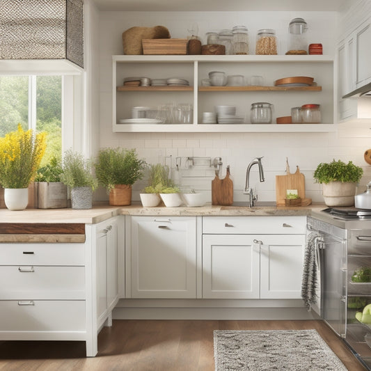 A bright, modern kitchen with white cabinets, stainless steel appliances, and a wooden island, featuring various labeled jars, baskets, and containers in a neat and organized arrangement.
