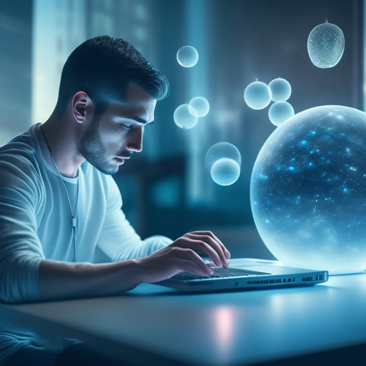 A futuristic, minimalist illustration of a person sitting in front of a sleek, silver laptop, surrounded by floating, glowing orbs representing knowledge, with subtle, swirling lines suggesting digital connections.