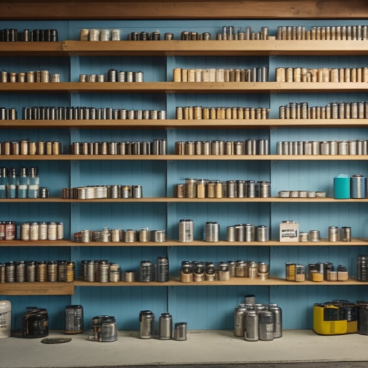 A tidy workshop with a wall-mounted, laser-cut wooden board featuring neatly arranged rows of spray cans, each slot tailored to fit a specific can size, with a few cans inserted.