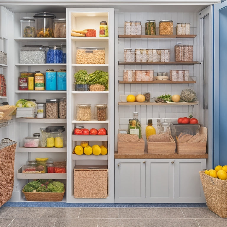 A tidy, L-shaped kitchen pantry with sliding baskets, stackable containers, and a pegboard on the back of the door, showcasing a mix of fresh produce, canned goods, and cooking utensils.