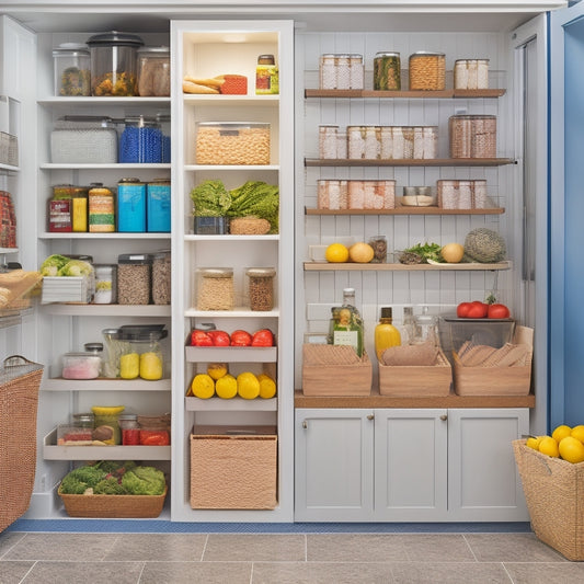 A tidy, L-shaped kitchen pantry with sliding baskets, stackable containers, and a pegboard on the back of the door, showcasing a mix of fresh produce, canned goods, and cooking utensils.