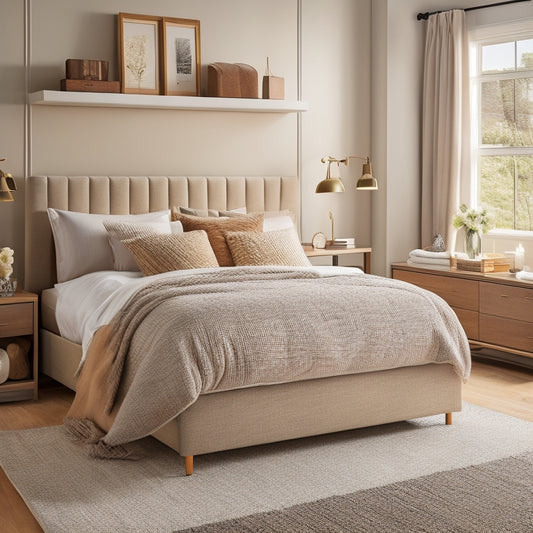 A serene bedroom with a plush, light-gray bed, adorned with a few pillows and a tufted headboard, featuring a storage bed frame with drawers and shelves in a warm, honey-brown wood tone.