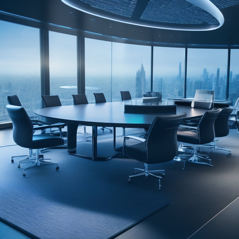 A futuristic conference room with sleek, minimalist tables and chairs, surrounded by holographic screens displaying 3D event layouts, with a cityscape visible through floor-to-ceiling windows.
