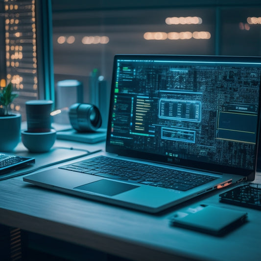 A minimalist desktop with a sleek laptop, surrounded by organized notes and a few scattered digital devices, amidst a subtle background of circuit board patterns and gentle neon lights.